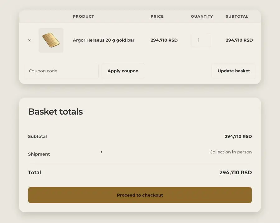 Basket showing the product, quantity control, item removal and total.