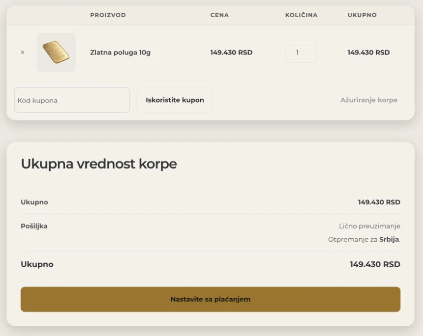Korpa sa proizvodom, kontrolom količine, uklanjanjem stavke i pregledom ukupnog iznosa.