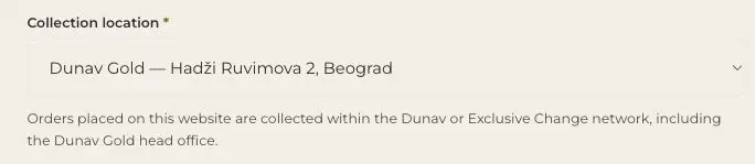 Choosing an online order collection point from Dunav and Exclusive Change locations.