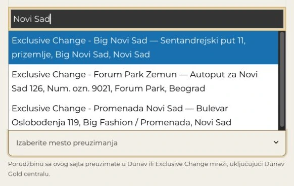 Izbor mesta preuzimanja online porudžbine među Dunav i Exclusive Change lokacijama.