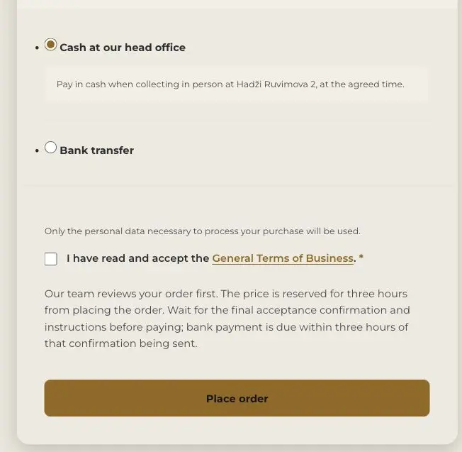 Cash at head office and Bank transfer, consent to the terms, and an explanation of the price reservation and payment deadline.
