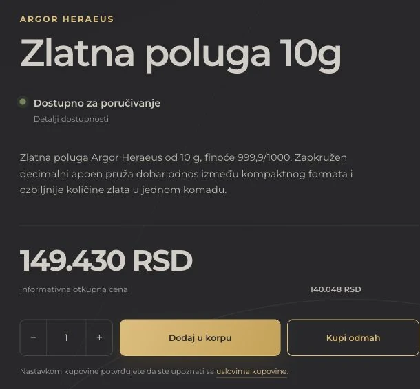 Stranica proizvoda sa fotografijom zlatne poluge, podacima o masi, cenom, dostupno&scaron;ću i dugmetom za dodavanje u korpu.